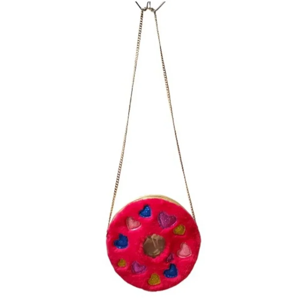 NWT Fuzzy Hot Pink Donut Crossbody Bag Glitter Hearts B Rosy Barbiecore Kidcore